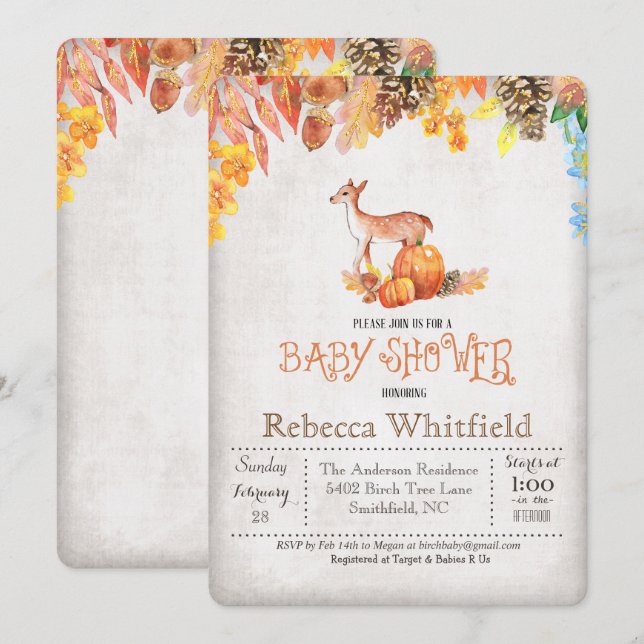 Invitación Baby Shower de calabaza de venado peque (Anverso / Reverso)