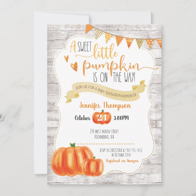 Invitación Baby Shower de calabaza dulce (Anverso)