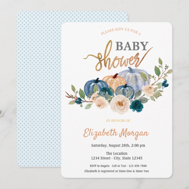 Invitación Baby Shower de calabaza floral acuática (Anverso / Reverso)