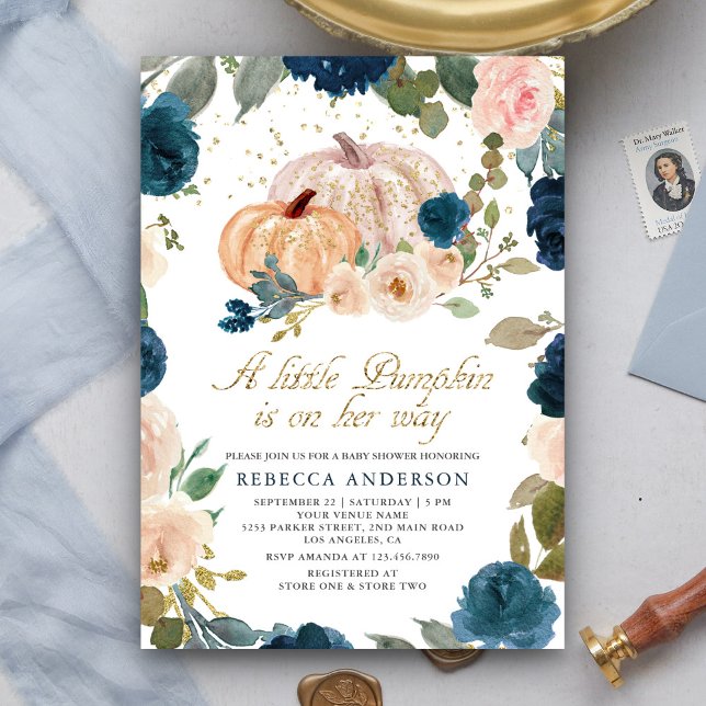 Invitación Baby Shower de calabaza floral azul de la marina y (Subido por el creador)