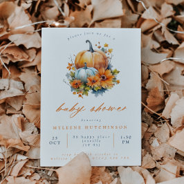 Invitación Baby Shower de calabaza floral azul y naranja