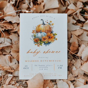 Invitación Baby Shower de calabaza floral azul y naranja