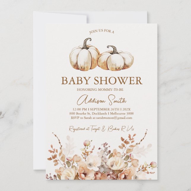 Invitación Baby Shower de calabaza floral beige marrón modern (Anverso)