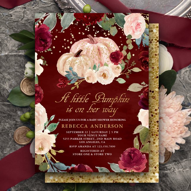 Invitación Baby Shower de calabaza floral borgoña de oro (Subido por el creador)