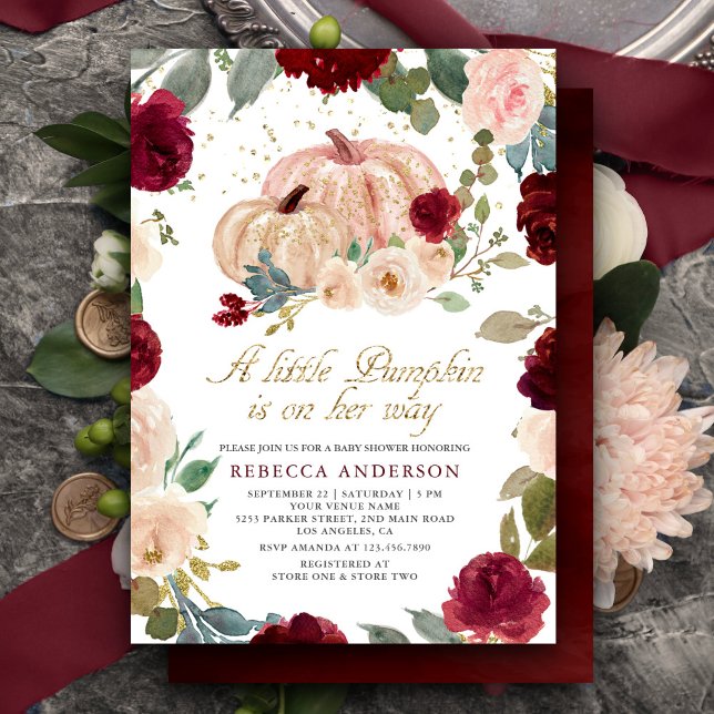 Invitación Baby Shower de calabaza floral borgoña y melodía (Subido por el creador)