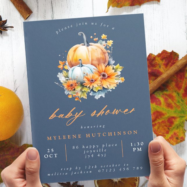 Invitación Baby Shower de calabaza floral de Naranja y marina (Subido por el creador)