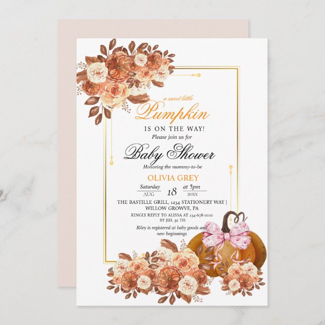 Invitación Baby Shower de calabaza floral de oro (Anverso / Reverso)