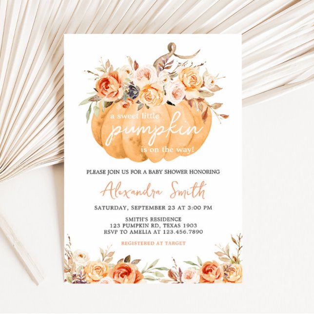 Invitación Baby Shower de calabaza floral naranja (Pumpkin Floral Baby Shower Invitation)