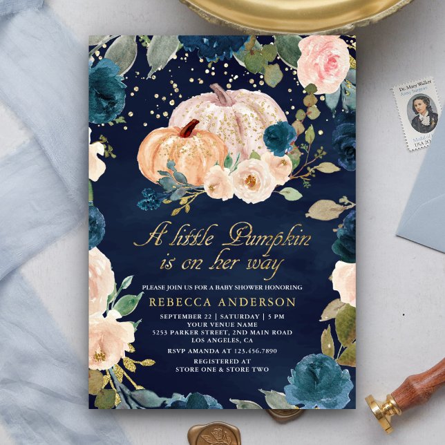 Invitación Baby Shower de calabaza floral Navy Blue Gold Peac (Subido por el creador)