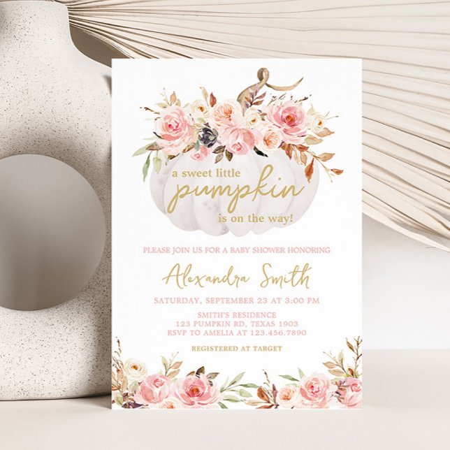 Invitación Baby Shower de calabaza floral rosa (White Pumpkin Pink Floral Baby Shower Invitation)