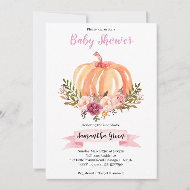 Invitación Baby Shower de calabaza floral rosa (Anverso)
