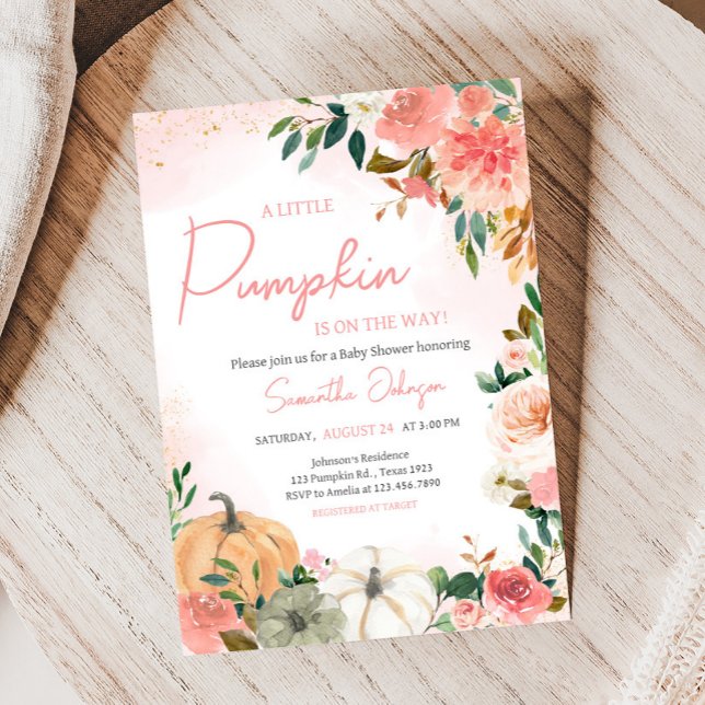 Invitación Baby Shower de calabaza floral rosa otoño (Autumn Floral Pumpkin Baby Shower Invitation)