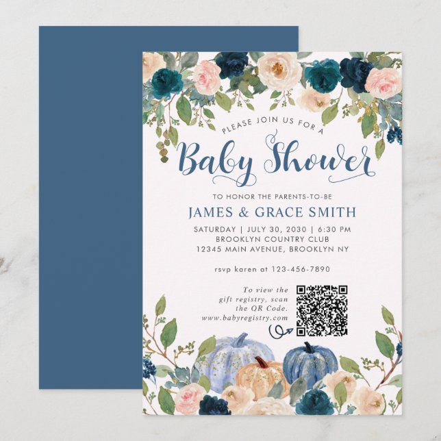 Invitación Baby Shower de calabaza floral rosa Rubor azul mod (Anverso / Reverso)