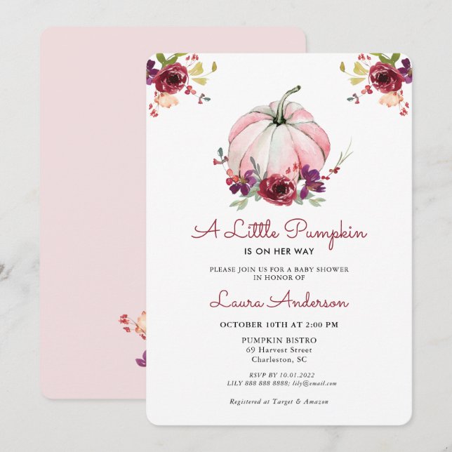 Invitación Baby Shower de calabaza floral rosa y borgoñona (Anverso / Reverso)