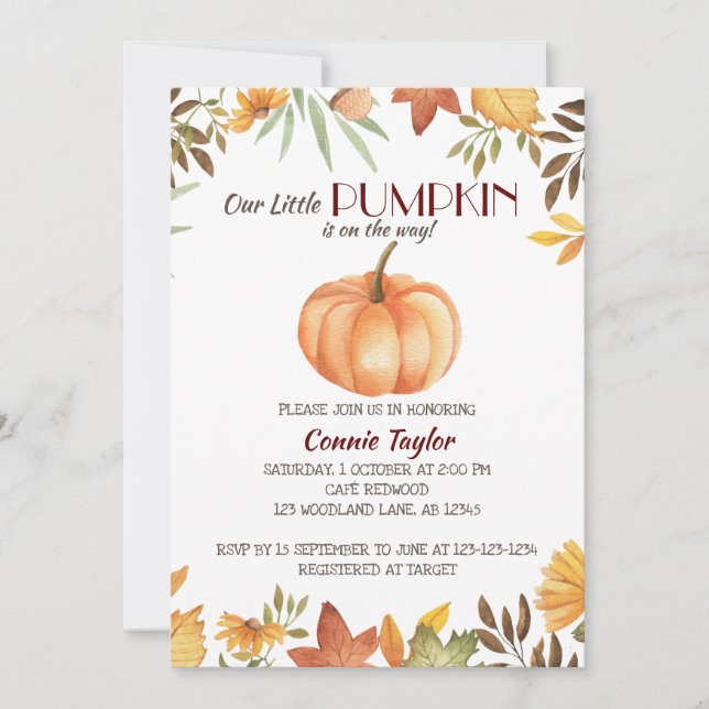 Invitación Baby Shower de calabaza, follaje otoñal, salpicadu (Anverso)