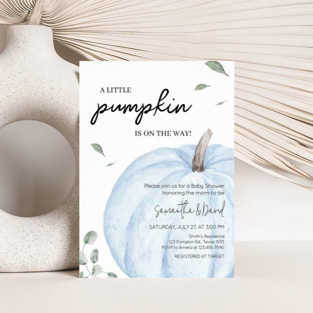Invitación Baby Shower de calabaza Minimalista azul (Watercolor Pumpkin Baby Shower Invitation)