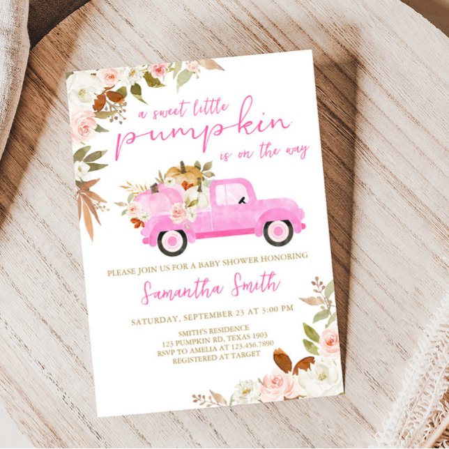 Invitación Baby Shower de calabaza para camiones rosados (Fall Pumpkin Pink Truck Baby Shower Invitation)