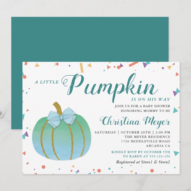Invitación Baby Shower de calabaza pequeña acuarel (Anverso / Reverso)
