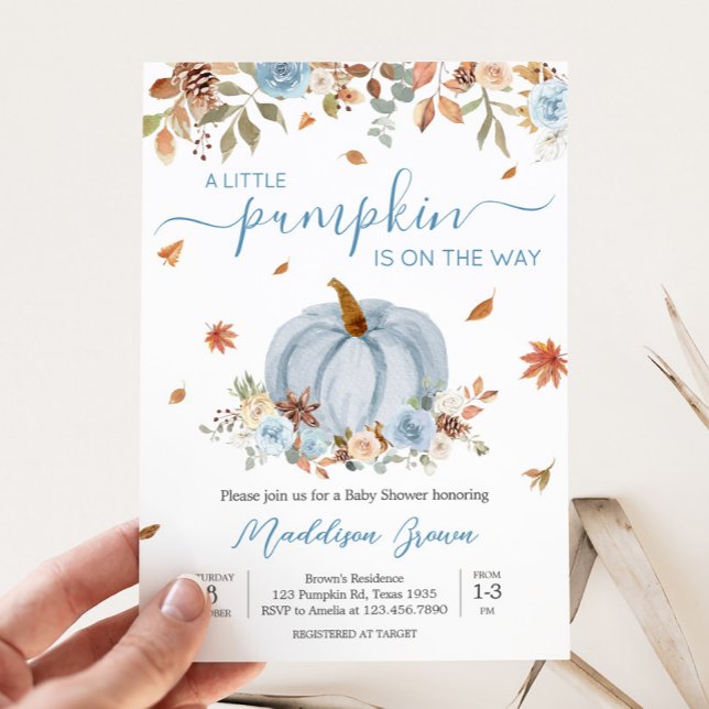 Invitación Baby Shower de calabaza pequeña de otoño azul (Blue Autumn Leaves Little Pumpkin Baby Shower Invitation)