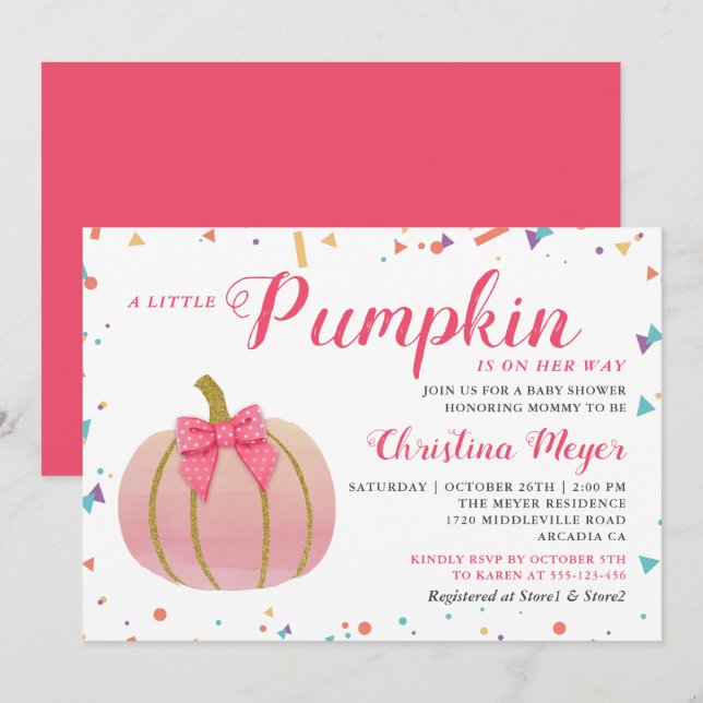 Invitación Baby Shower de calabaza pequeña rosa acuarela (Anverso / Reverso)