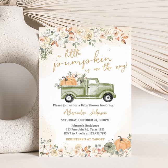 Invitación Baby Shower de calabaza pequeña verde (Green Truck Pumpkin Baby Shower Invitation)