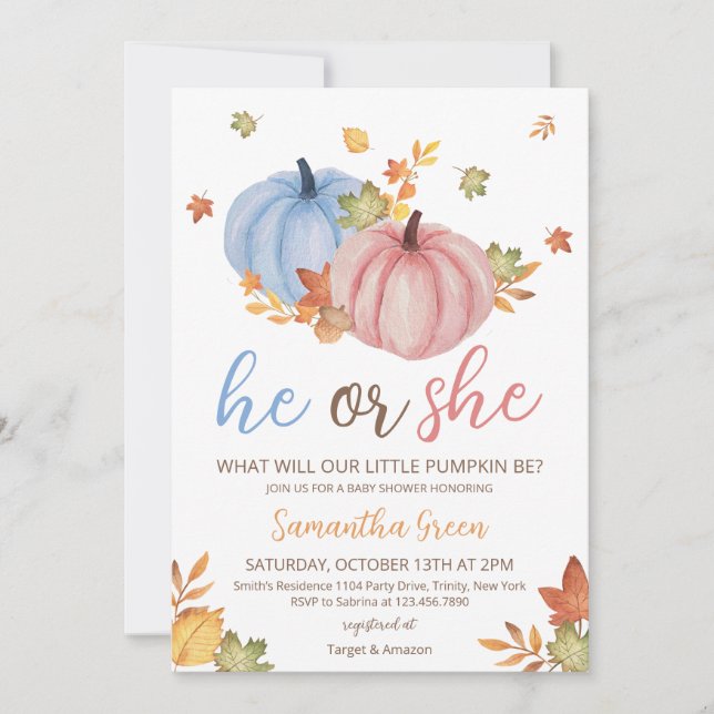 Invitación Baby Shower de calabaza revelada de género (Anverso)