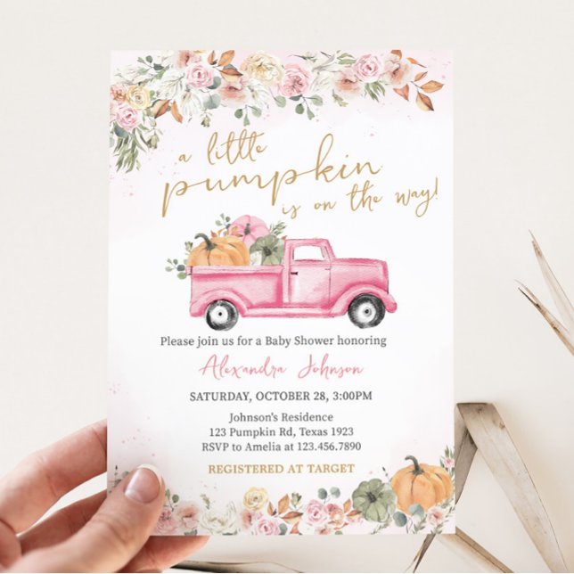 Invitación Baby Shower de Calabaza Rosa Caída (Pink Pumpkin Baby Shower Invitation)