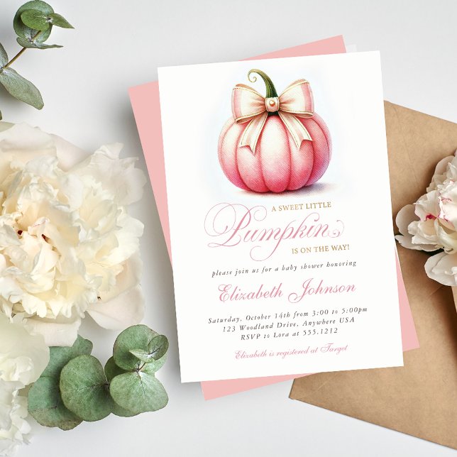 Invitación Baby Shower de calabaza rosa dulce (Celebrate your little one with our Sweet Little Pink Pumpkin Baby Shower Invitation. )