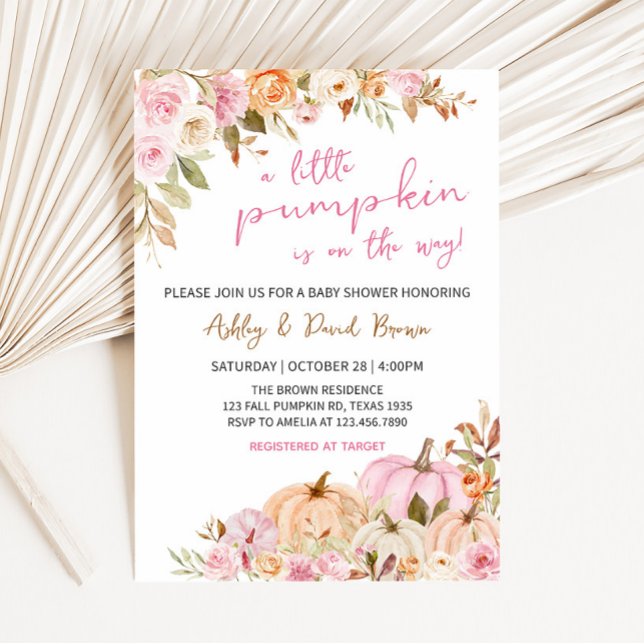 Invitación Baby Shower de calabaza rosa floral (Pink Floral Pumpkin Baby Shower Invitation)