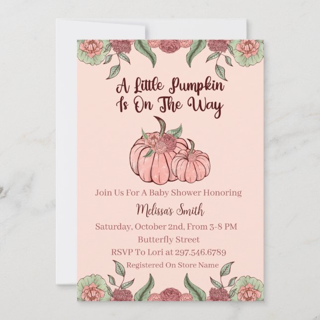 Invitación Baby Shower de calabaza rosa floral (Anverso)