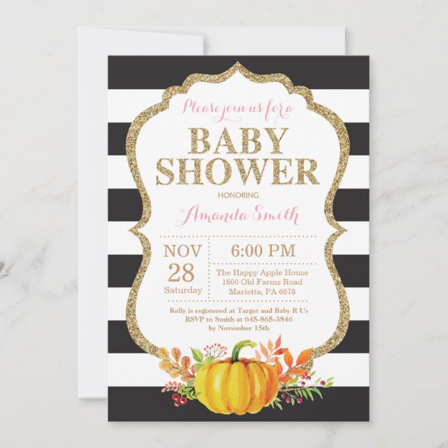 Invitación Baby Shower de calabaza rosa negra y do (Anverso)