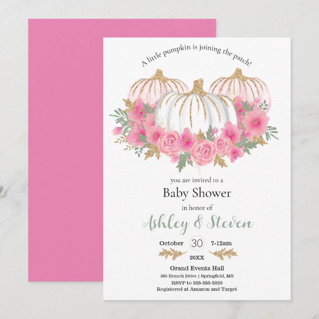 Invitación Baby Shower de calabaza rosa y blanca (Anverso / Reverso)