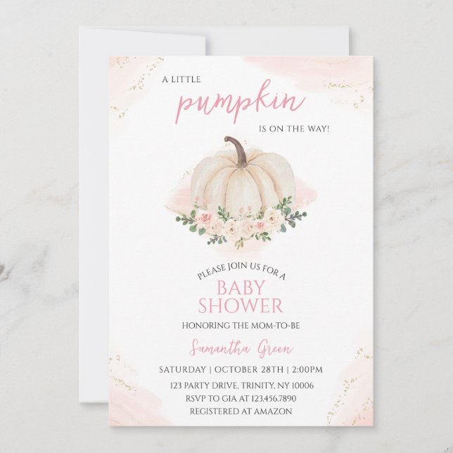 Invitación Baby Shower de calabaza rosa y dorada chica (Anverso)