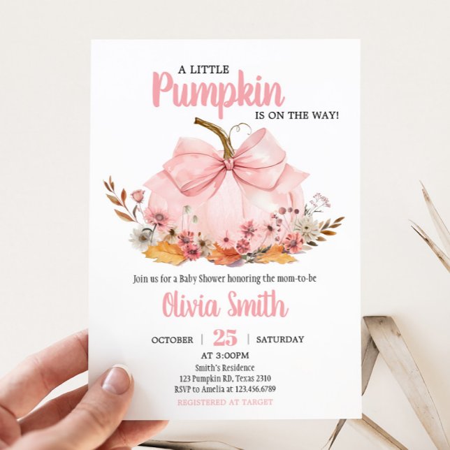 Invitación Baby Shower de calabaza rosada (Girl Bow Pumpkin Baby Shower Invitation)