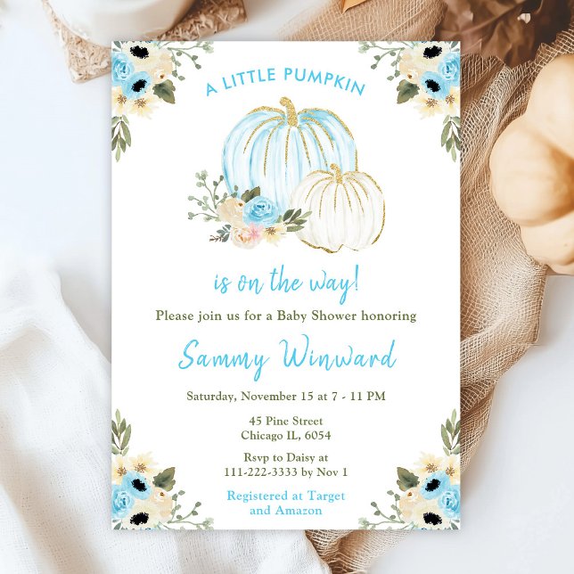 Invitación Baby Shower de calabazas azules y blancas (Subido por el creador)