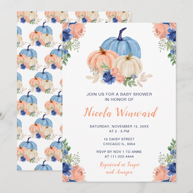 Invitación Baby Shower de calabazas florales azul de la marin (Anverso / Reverso)