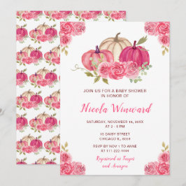 Invitación Baby Shower de calabazas florales de color rosa ca