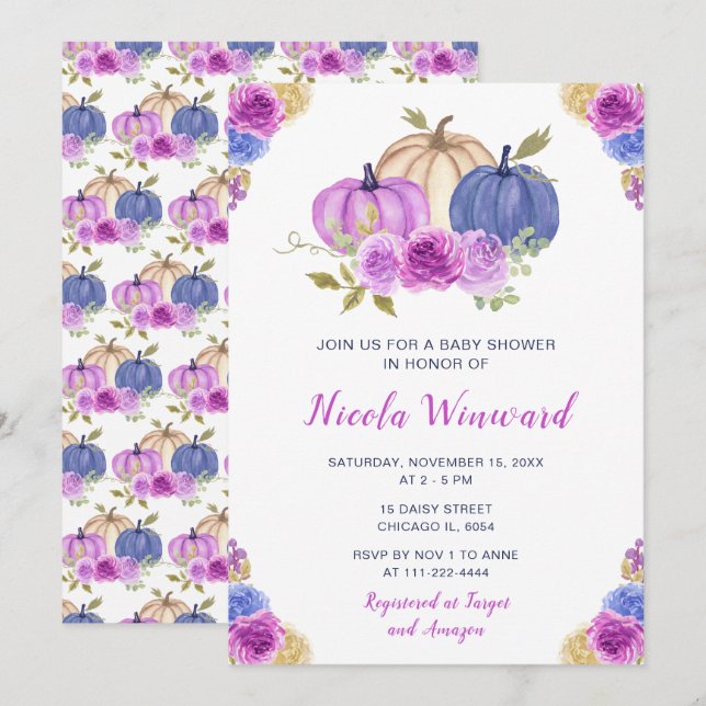 Invitación Baby Shower de calabazas florales moradas y de la  (Anverso / Reverso)