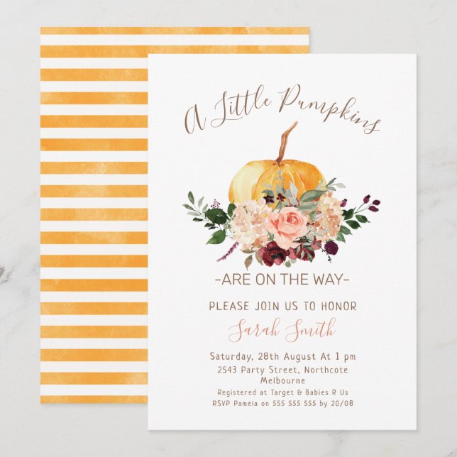 Invitación Baby Shower de calabazas florales rosas (Anverso / Reverso)