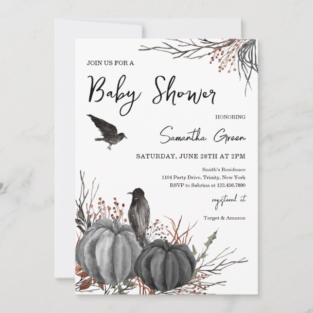 Invitación Baby Shower de calabazas y pájaros negros (Anverso)