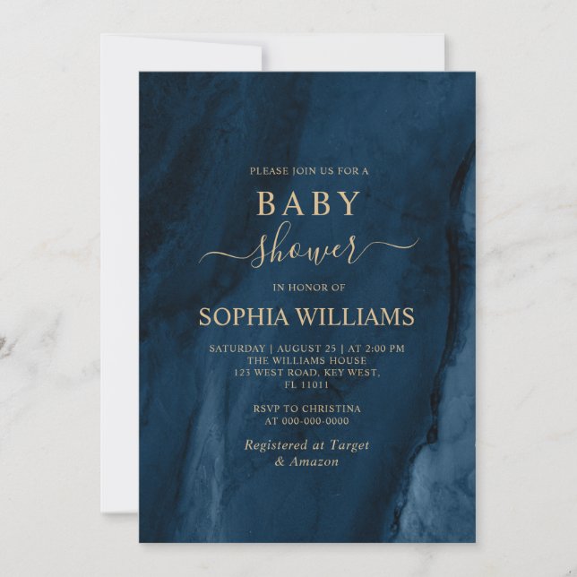 Invitación Baby Shower de caligrafía azul y oro de la marina (Anverso)