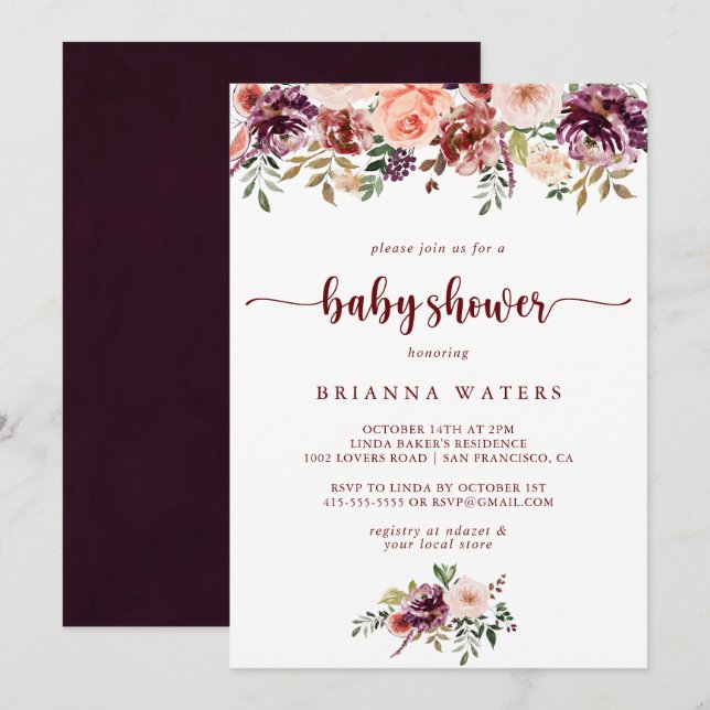 Invitación Baby Shower de caligrafía floral de verano rusa (Anverso / Reverso)