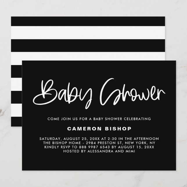 Invitación Baby Shower de caligrafía moderna blanco y negro (Anverso / Reverso)