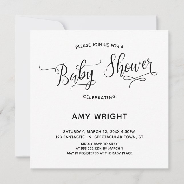 Invitación Baby Shower de caligrafía simple y elegante (Anverso)