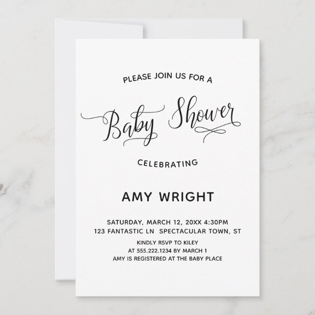 Invitación Baby Shower de caligrafía simple y elegante (Anverso)