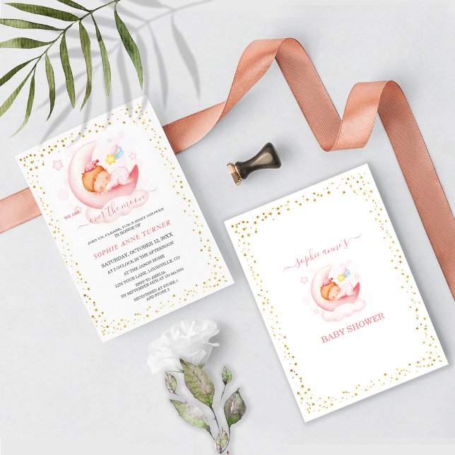 Invitación Baby Shower de caligrafía sobre la luna Chica (Subido por el creador)