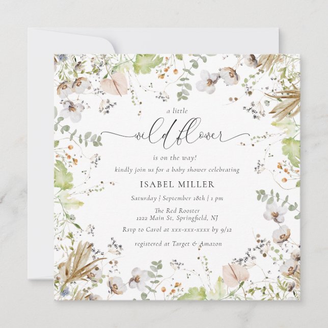 Invitación Baby Shower de calligrafía de Little Wildflower (Anverso)
