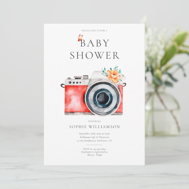 Invitación Baby Shower de cámara de vídeo francesa (Anverso de pie)