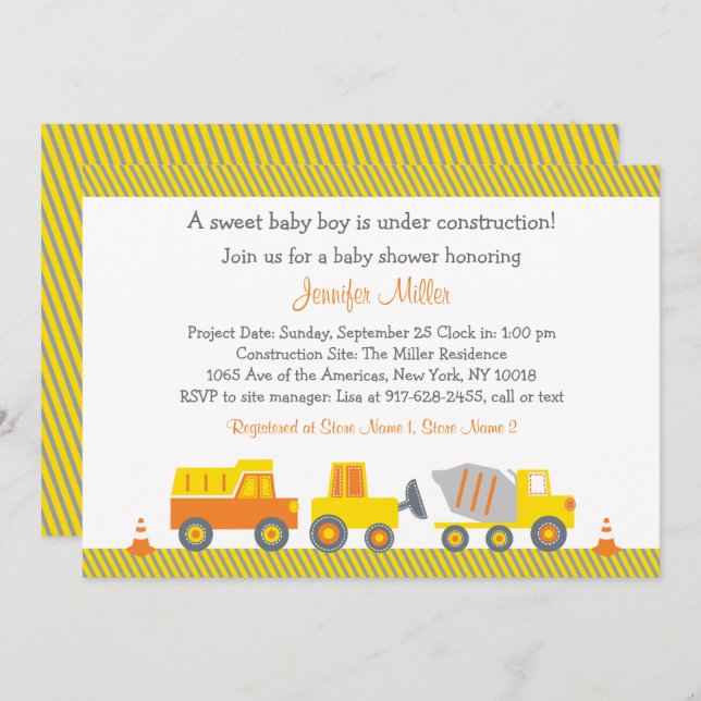 Invitación Baby Shower de camión de construcción (Anverso / Reverso)