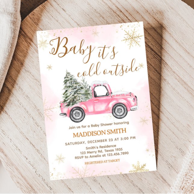 Invitación Baby Shower de Camión de Invierno Rosa (Pink Snowflake Baby Shower Invitation)